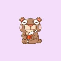 Cute bear relax with a cup of coffee cartoon animal character mascot icon flat style illustration concept vector