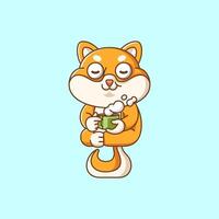 Cute shiba inu dog relax with a cup of coffee cartoon animal character mascot icon flat style illustration concept vector