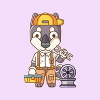 Cute dog mechanic with tool at workshop cartoon animal character mascot icon flat style illustration concept vector