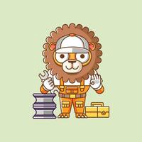 Cute lion mechanic with tool at workshop cartoon animal character mascot icon flat style illustration concept vector