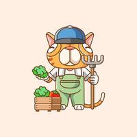 linda gato agricultores cosecha Fruta y vegetales dibujos animados animal personaje mascota icono plano estilo ilustración concepto vector