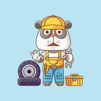 Cute panda mechanic with tool at workshop cartoon animal character mascot icon flat style illustration concept vector