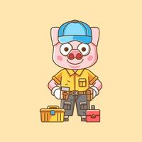 Cute pig mechanic with tool at workshop cartoon animal character mascot icon flat style illustration concept set vector