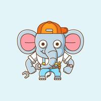 Cute elephant  mechanic with tool at workshop cartoon animal character mascot icon flat style illustration concept vector