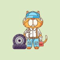 Cute cat mechanic with tool at workshop cartoon animal character mascot icon flat style illustration concept vector