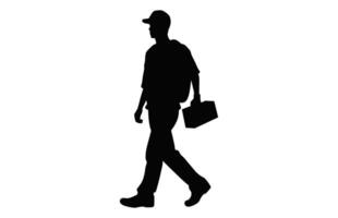 Courier Service with package Silhouette isolated on a white background, A Delivery Man carrying a box black Vector