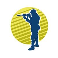 Silhouette of a male soldier carrying machine gun weapon. Silhouette of a sniper shooter in action. vector