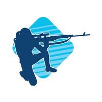 Silhouette of a female shooter firing with sniper long barrel rifle gun weapon vector