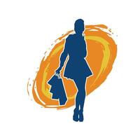 Silhouette of a slim young woman carrying shopping bags. vector