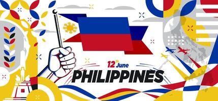 Philippines national day banner design. Independence day design for Philippines. Filipino flag and map theme background. Modern abstract geometric retro shapes illustration vector