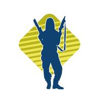 Silhouette of a female soldier carrying machine gun weapon. vector