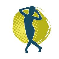 Silhouette of a female cabaret dancer in action pose. Silhouette of a fancy outfit woman dancing happily. vector