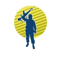 Silhouette of a female soldier carrying machine gun weapon. vector