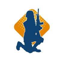 Silhouette of a female soldier carrying machine gun weapon. vector