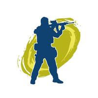 Silhouette of a male soldier carrying machine gun weapon. vector