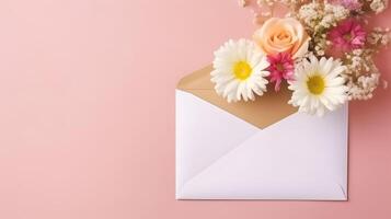 AI generated Envelope with spring flowers and copy space photo