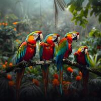 AI generated Macaw parrot birds on a branch of tree in the jungle photo