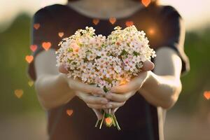 ai generado corazón conformado flores en manos de un mujer foto