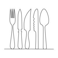 Continuous one-line hand-drawn spoon, fork, steak knife, and utensil plate vector art outline decorative illustration.