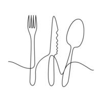 Continuous one-line hand-drawn spoon, fork, steak knife, and utensil plate vector art outline decorative illustration.