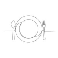 Continuous one-line hand-drawn spoon, fork, steak knife, and utensil plate vector art outline decorative illustration.