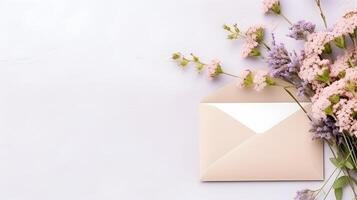 AI generated Envelope with spring flowers and copy space photo