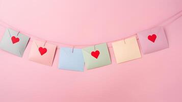 AI generated Craft envelopes and heart hanging from string. Romantic love letters photo