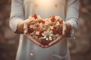 ai generado corazón conformado flores en manos de un mujer foto