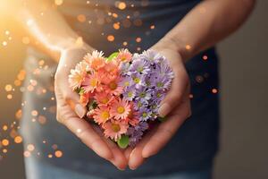 AI generated Heart shaped flowers in hands of a woman photo