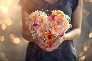 ai generado corazón conformado flores en manos de un mujer foto