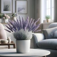 ai generado lavanda flores en un blanco maceta en un acogedor vivo habitación foto