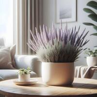 ai generado lavanda flores en un blanco maceta en un acogedor vivo habitación foto