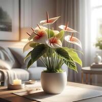 AI generated Anthurium flowers in a plain white pot in the living room on the table in a cozy room atmosphere. photo