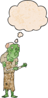 cartoon zombie with thought bubble in grunge texture style png