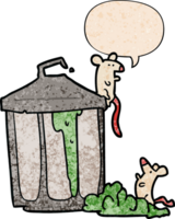 cartoon old metal garbage can with mice with speech bubble in retro texture style png