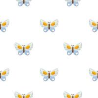 Seamless vector background with a repeating pattern of blue butterflies on a white background. The butterfly is blue with yellow patterns and stripes. Suitable for wrapping paper, wallpaper, textiles.