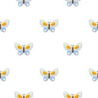 Seamless vector background with a repeating pattern of blue butterflies on a white background. The butterfly is blue with yellow patterns and stripes. Suitable for wrapping paper, wallpaper, textiles.