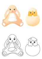 Coloring book, Easter bunny sitting and a cute chick hatched in a shell Children's coloring book with color example. Coloring book, practice sheet for children in school or kindergarten. vector