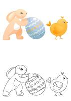 Coloring page, the Easter bunny is pushing an Easter egg and a cute chicken is walking ahead. Children's coloring book with a color example. Coloring book, practice sheet for school or kindergarten. vector