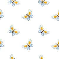 Seamless vector background with a repeating pattern of blue butterflies on a white background. The butterfly is blue with yellow patterns and stripes. Suitable for wrapping paper, wallpaper, textiles.