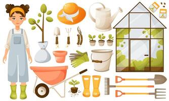 Vector big set of gardening supplies, tools, gardener character, glass greenhouse. Agricultural and gardening tools, clothing for the garden. Girl gardener, seedlings, seedlings, seeds.