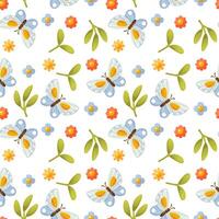 Seamless vector background with a repeating pattern of blue butterflies on a white background, small flowers and green leaves. Blue butterfly. Suitable for wrapping paper, wallpaper, textiles.