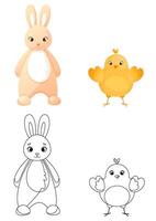 Coloring page with an Easter bunny and a cute chicken standing upright. Children's coloring book with color example. Coloring book, practice sheet for children in school or kindergarten. vector