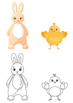 Coloring page with an Easter bunny and a cute chicken standing upright. Children's coloring book with color example. Coloring book, practice sheet for children in school or kindergarten.