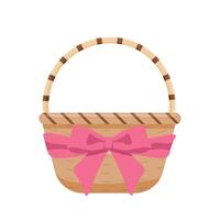 empty wicker basket with a pink ribbon-bow on a white background. vector. vector