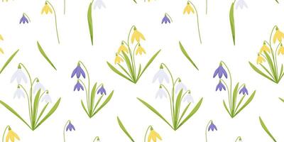 Vector seamless pattern with white, yellow, purple snowdrops on transparent background.