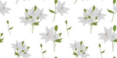 Blossom floral seamless pattern. Lily flowers with leaves. vector