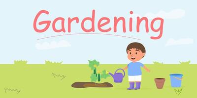 gardener boy grows vegetables and waters cucumbers. Farming. Vector illustration.