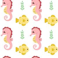 Seamless background with cute seahorses and seaweed. the underwater world. fabric sample, wrapping paper. vector