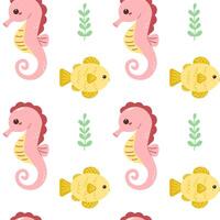 Seamless background with cute seahorses and seaweed. the underwater world. fabric sample, wrapping paper. vector